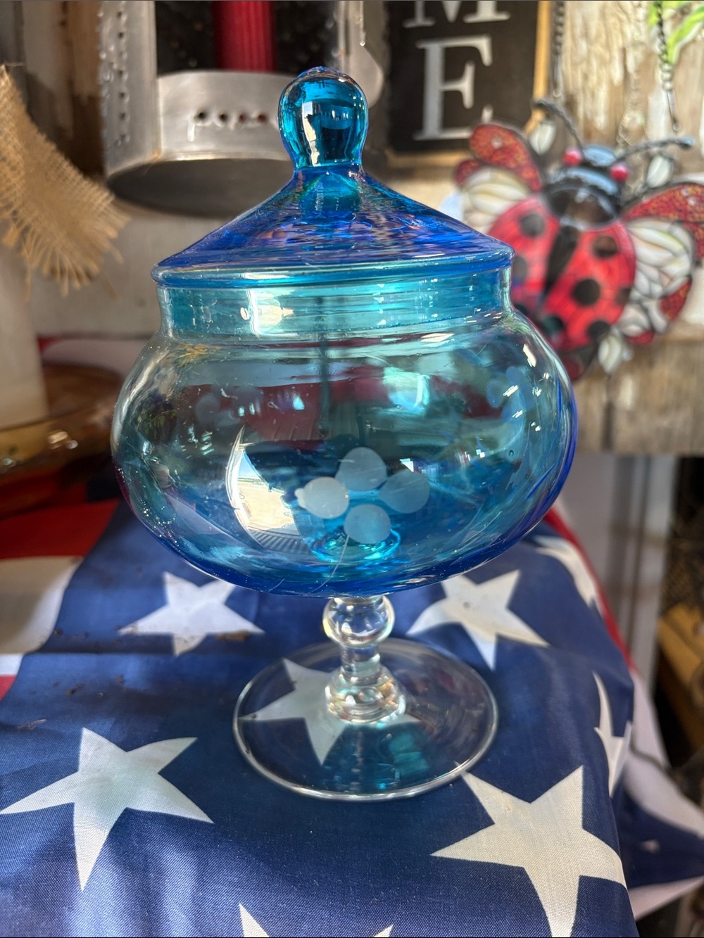 Blue Handblown Glass Covered Candy Dish